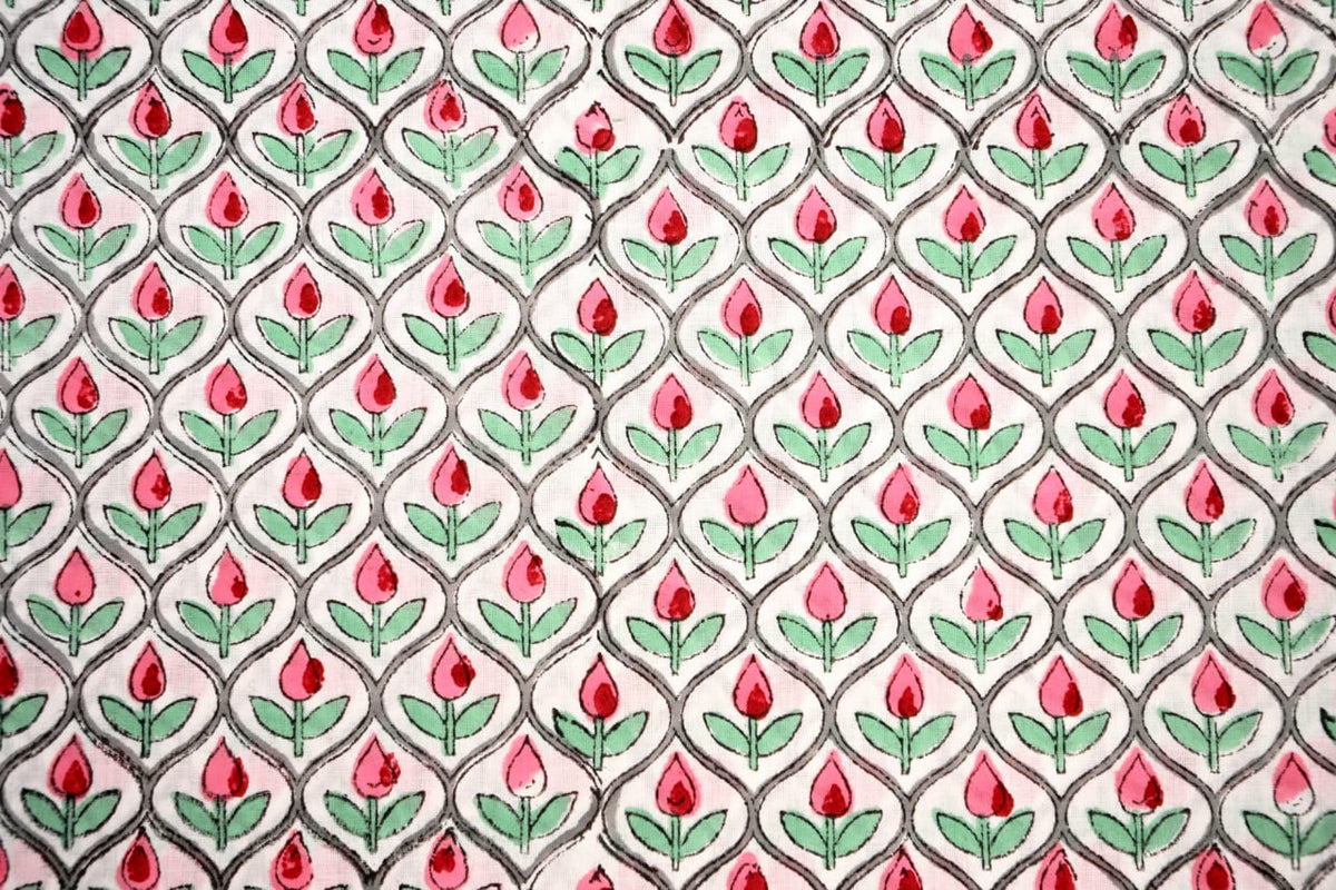 Indian pink rosebud block print fabric for sewing