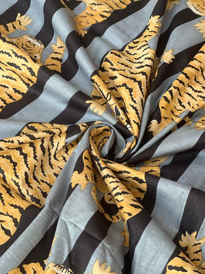 Black tiger print fabric with gray stripes