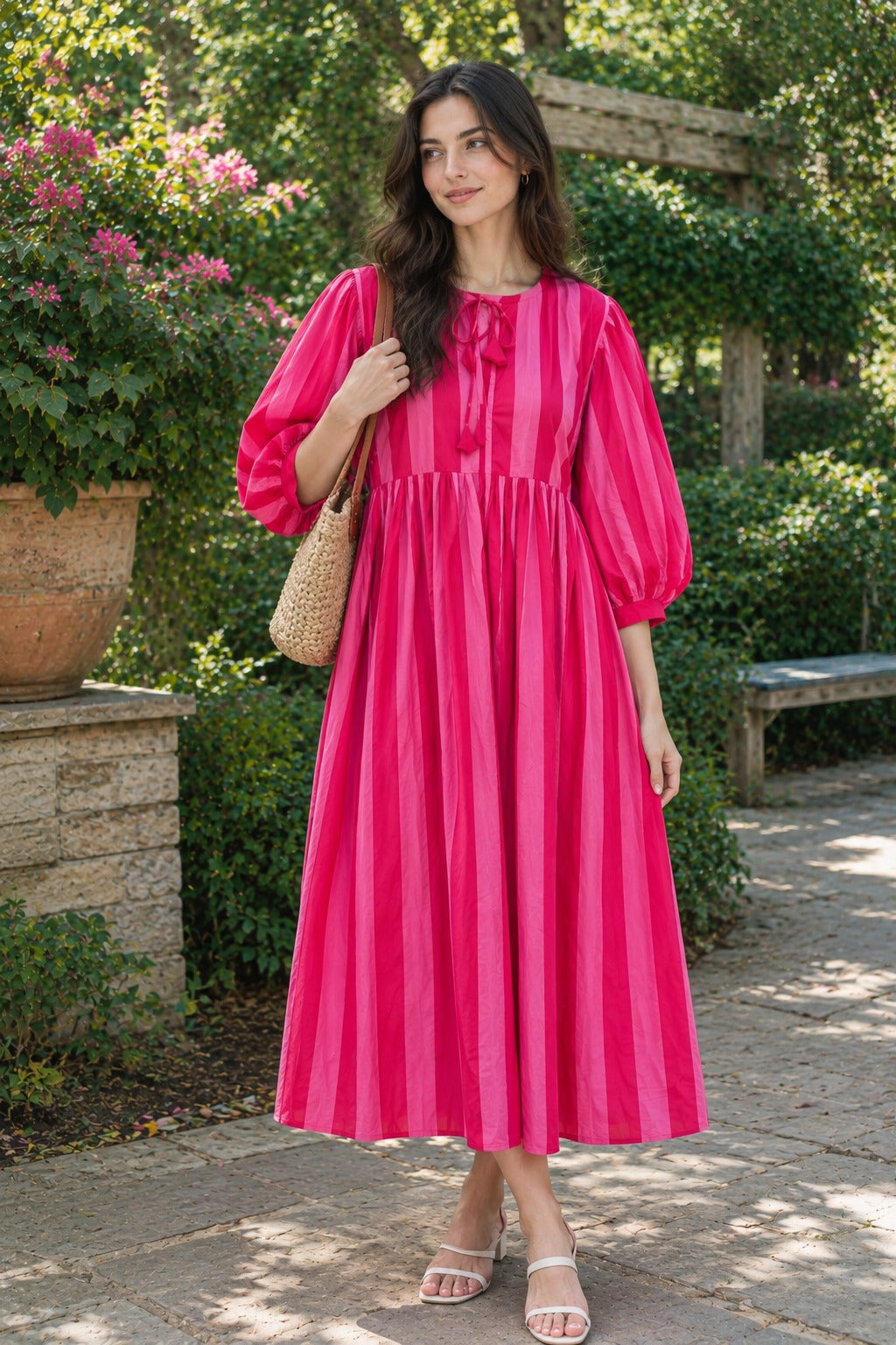 Pink cotton maxi dress with vertical stripes