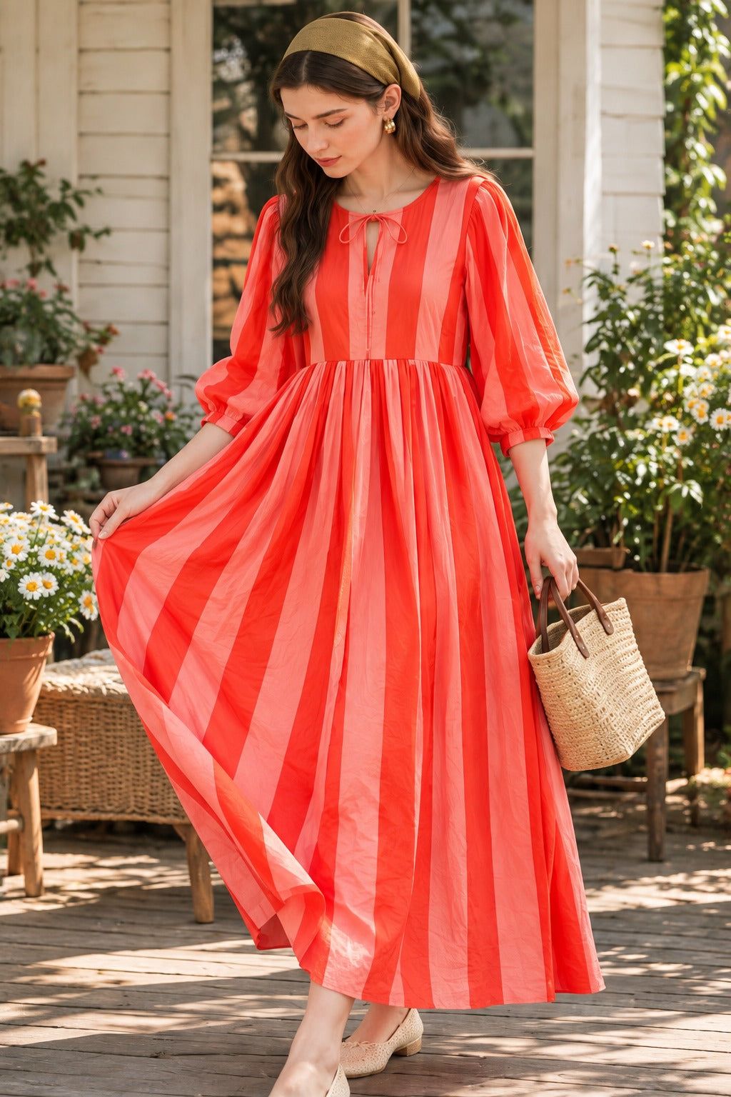 Pink and coral vertical stripe cotton maxi dress