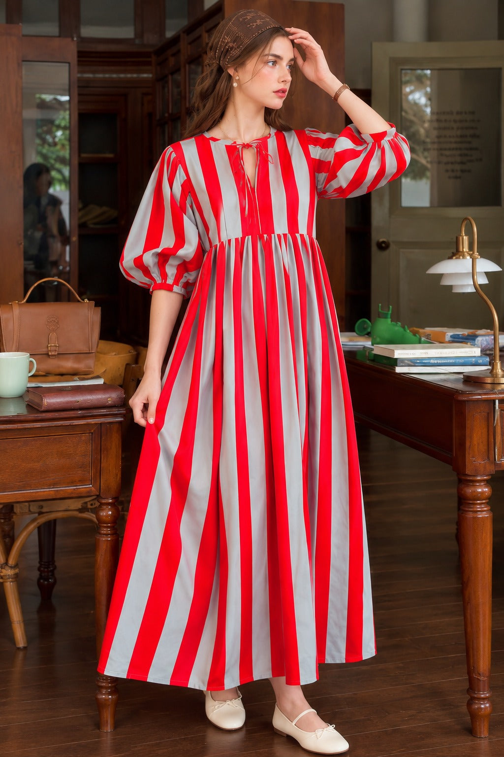 Red white vertical stripe cotton dress for women