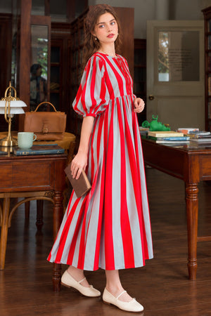 Long red and white cotton dress for summer