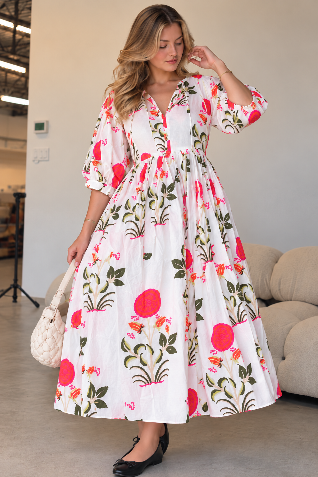 White and pink floral maxi dress with olive green leaf motifs