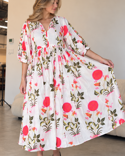 Women's Floral Midi Dress, Puff sleeves Dress, String Closer Dress