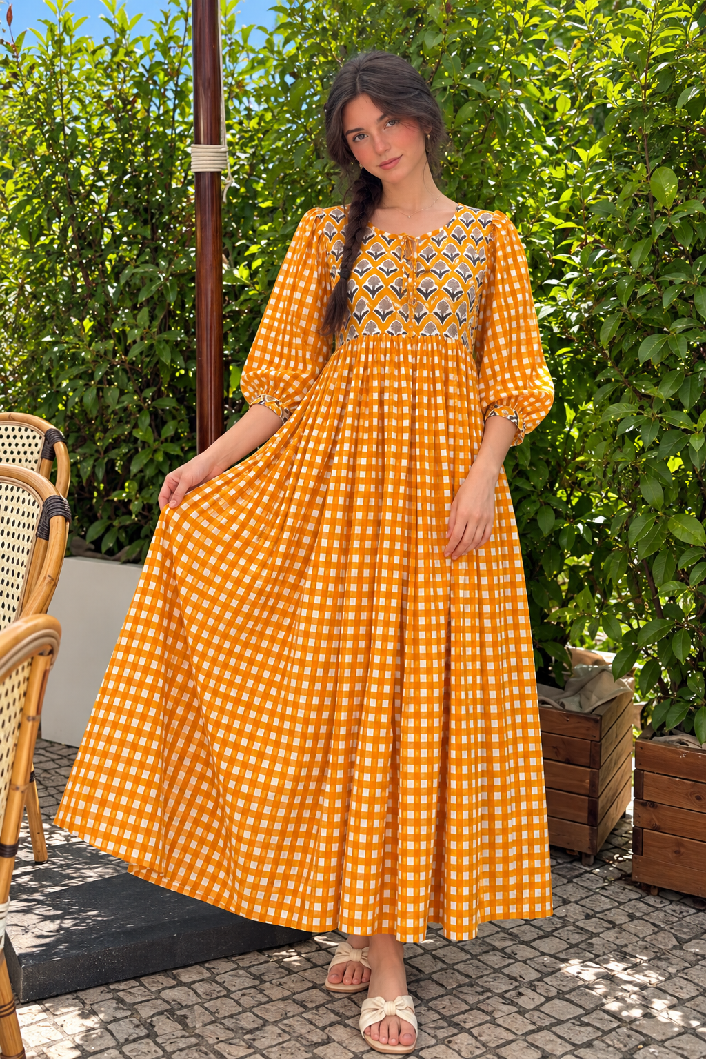 Women's yellow and white gingham maxi dress with printed bodice