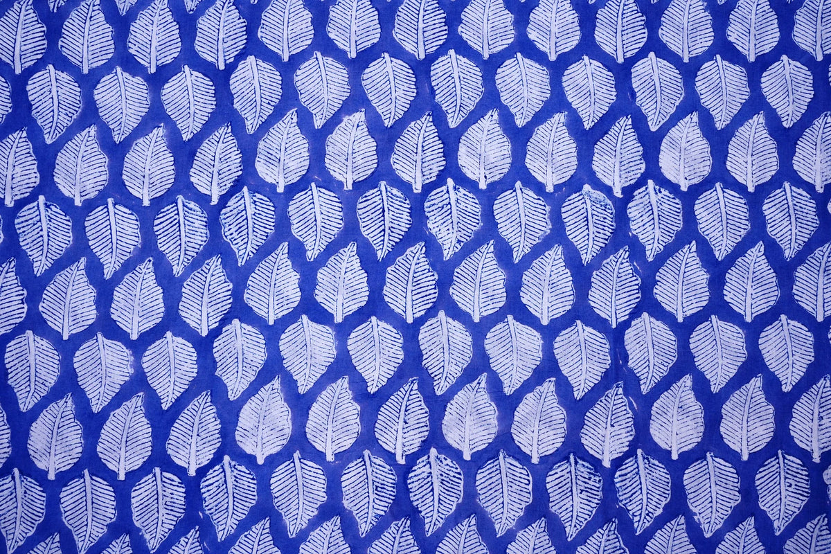 Blue botanical leaf cotton textile