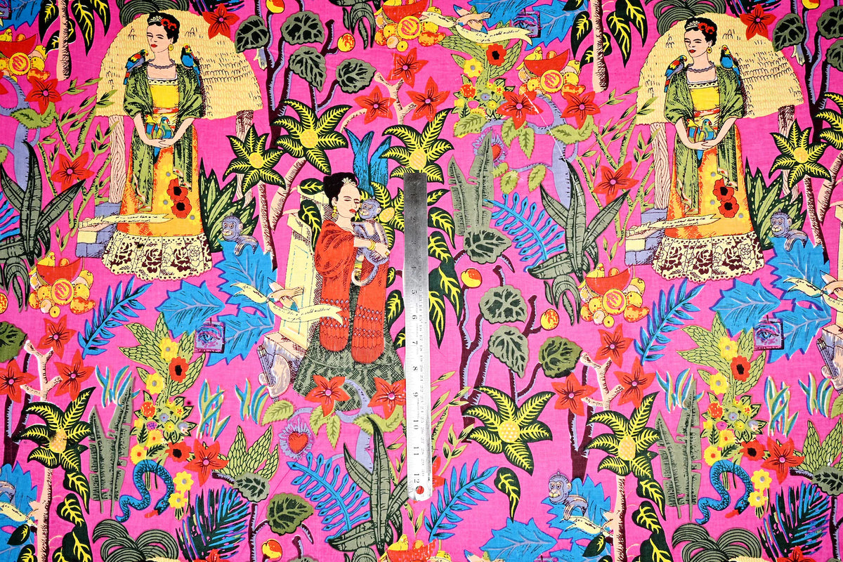 Bright pink printed fabric for quilting bags and home décor