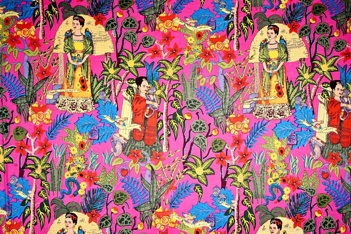 Vibrant magenta tropical printed fabric for sewing projects