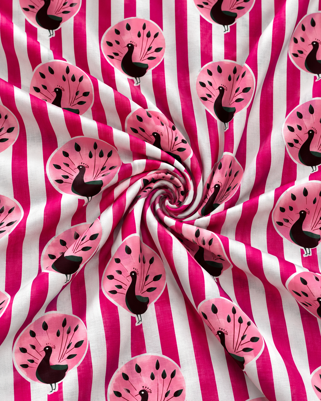 Hot pink and white striped fabric featuring repeating pink peacock motifs.