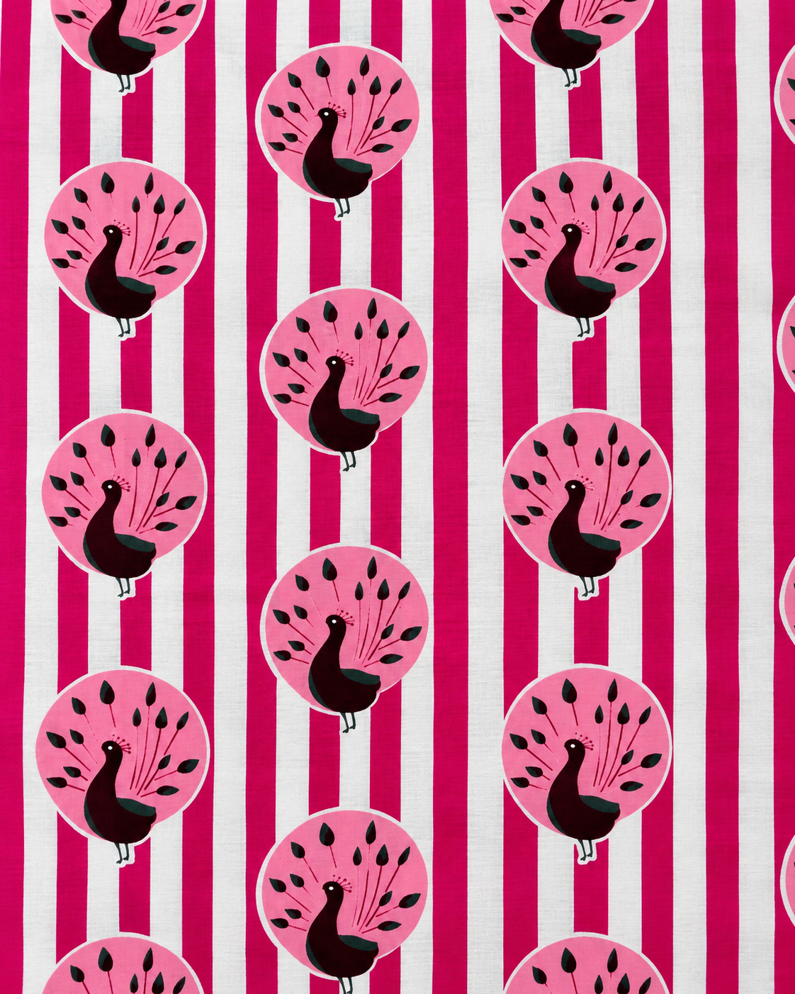 Beautiful pink peacock bird print on bright pink striped cotton fabric.