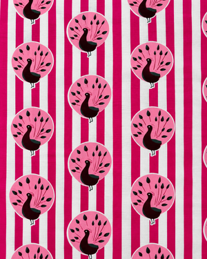 Beautiful pink peacock bird print on bright pink striped cotton fabric.
