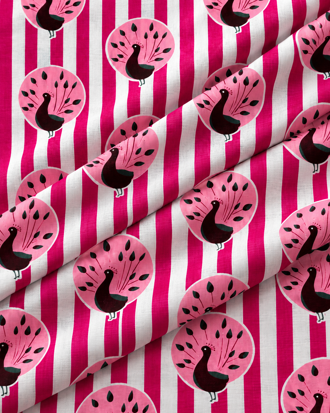 Colourful pink peacock printed cotton fabric for sewing and dressmaking.