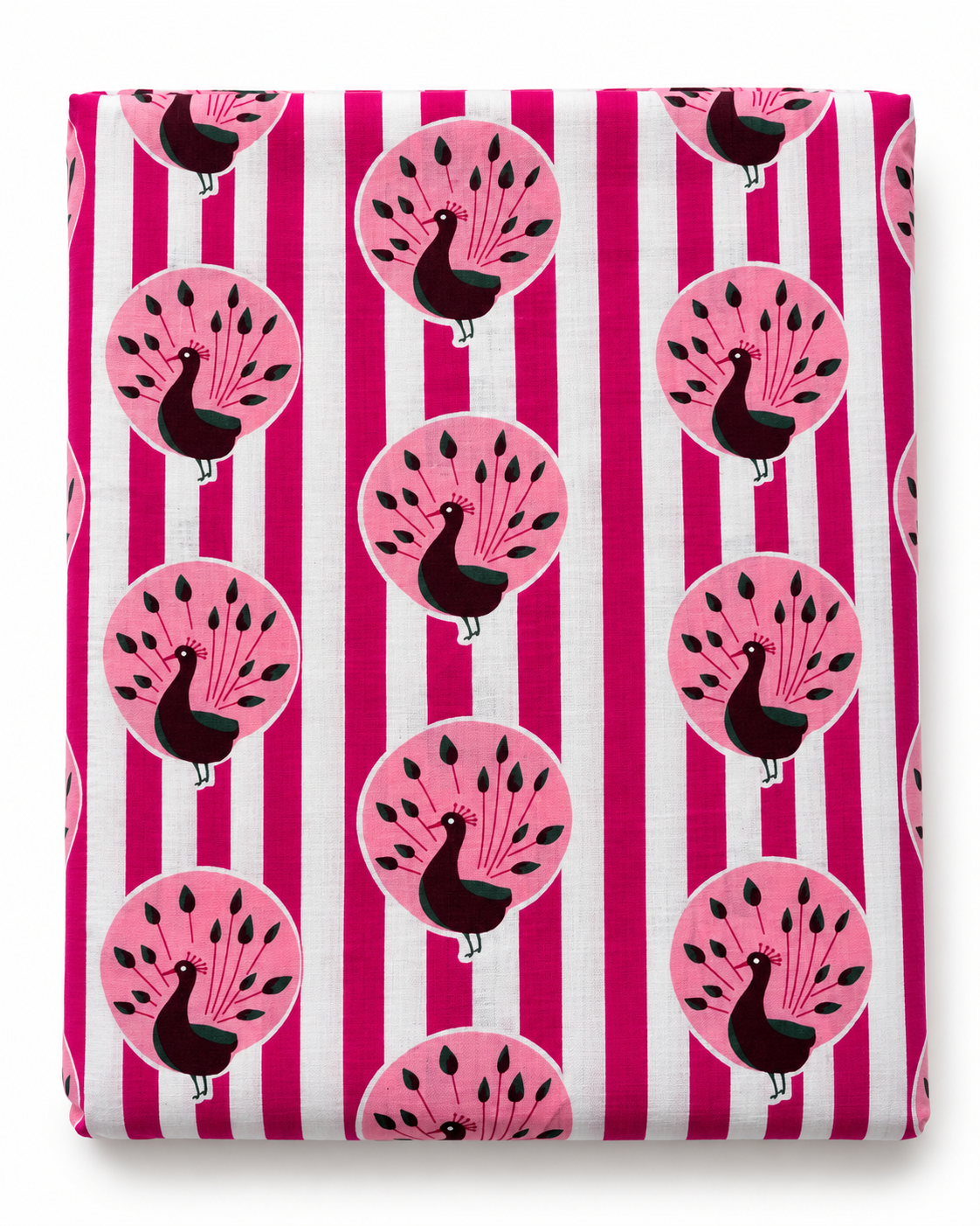 Pink peacock cotton fabric with hot pink and white vertical stripes.